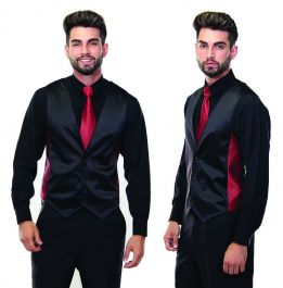 Men's Black Stretch Satin Vest with Red Deva Side Contrast, Black Back and  Black Button Front